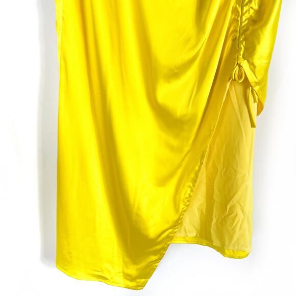 Superdown Kristy Ruched Midi Skirt Yellow Satin Front Slit High Rise Sz S - Picture 6 of 10